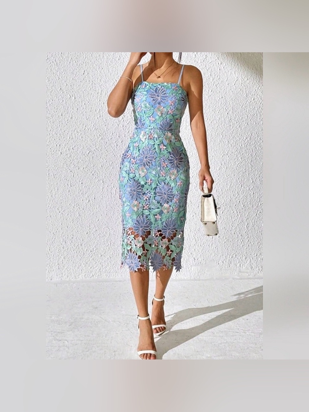 New Pastel Embroidered Floral Lace Short Knee Cami Dress Green Pink Blue